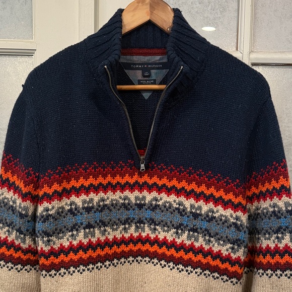 Tommy Hilfiger Wool Blend Navy and Beige Zip Up Pullover Sweater SzL - Picture 3 of 7